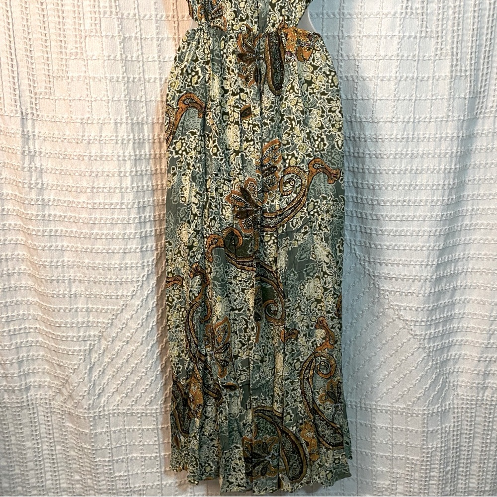 NWOT Zara Green and Gold Paisley Print Cutout Maxi Dress, Size XS - Picture 4 of 5